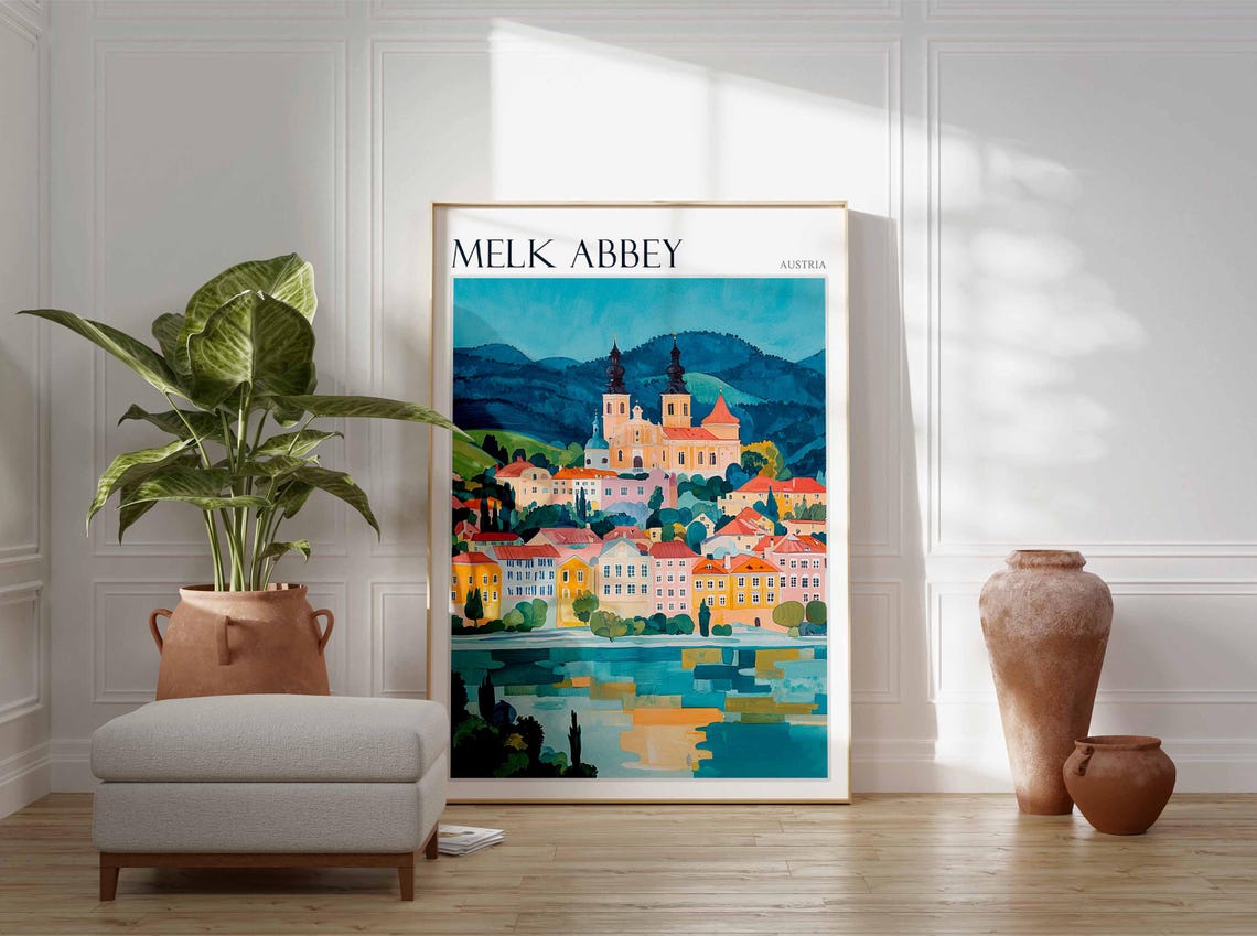 Melk Abbey Austria Riverside Reflection Illustration Travel Poster - Image 3