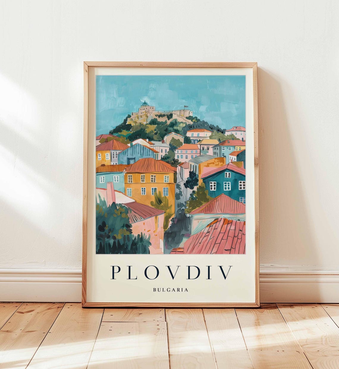 Plovdiv Bulgaria Old Town Hill Colorful Watercolor Travel Poster