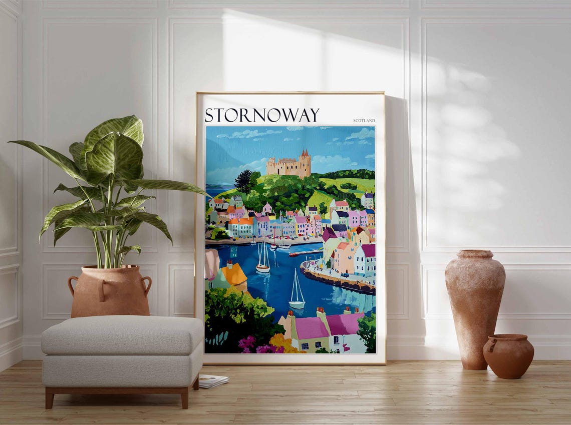 Stornoway Hilltop Castle Town Harbor Sailboats Painterly Art Poster - Image 2