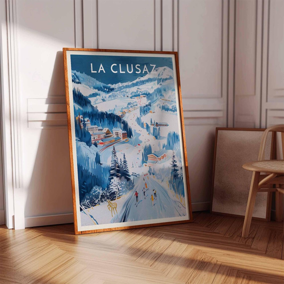 La Clusaz Skiers Descending Poster with Village and Lifts Below - Image 2