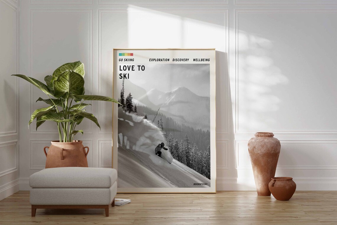 Love To Ski Powder Run Skier Mountain Black White Photo Poster - Image 3