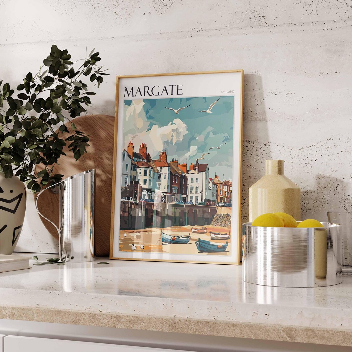 Margate England Low Tide Fishing Boats Harbor Seagulls Poster - Image 2