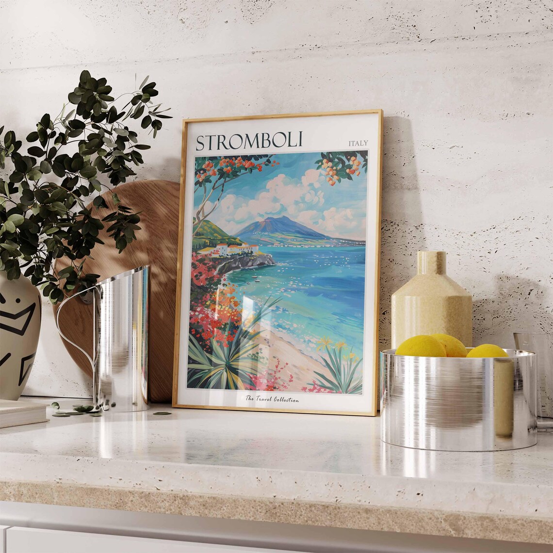Stromboli Italy Beach Cove Travel Poster with Colorful Wildflowers - Image 2