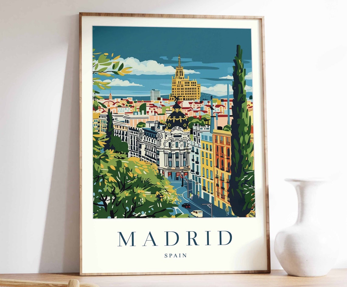 Madrid Spain Colorful Gran Via Metropolis Cityscape Travel Poster
