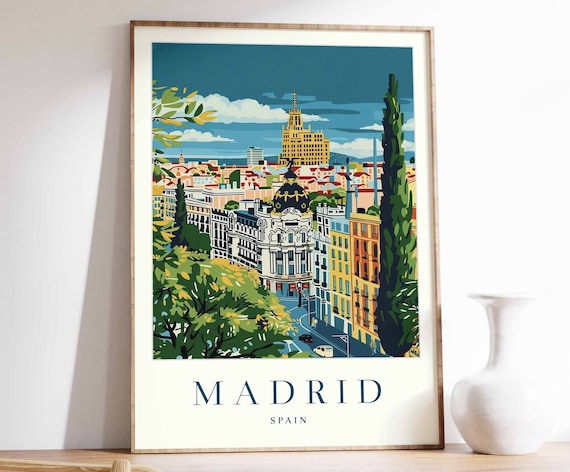 Madrid Spain Colorful Gran Via Metropolis Cityscape Travel Poster
