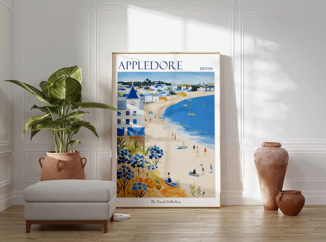 Appledore Devon Beach Sailboats Floral Coastal Village Art Poster - Image 2