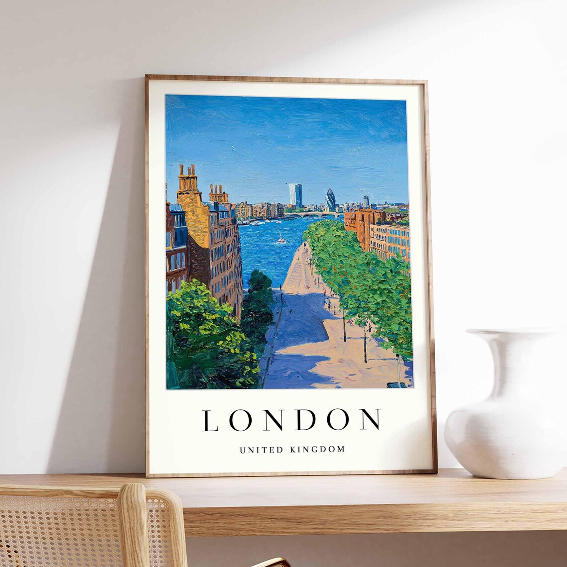 London Wapping Riverside Walkway City Skyline Midday Travel Poster