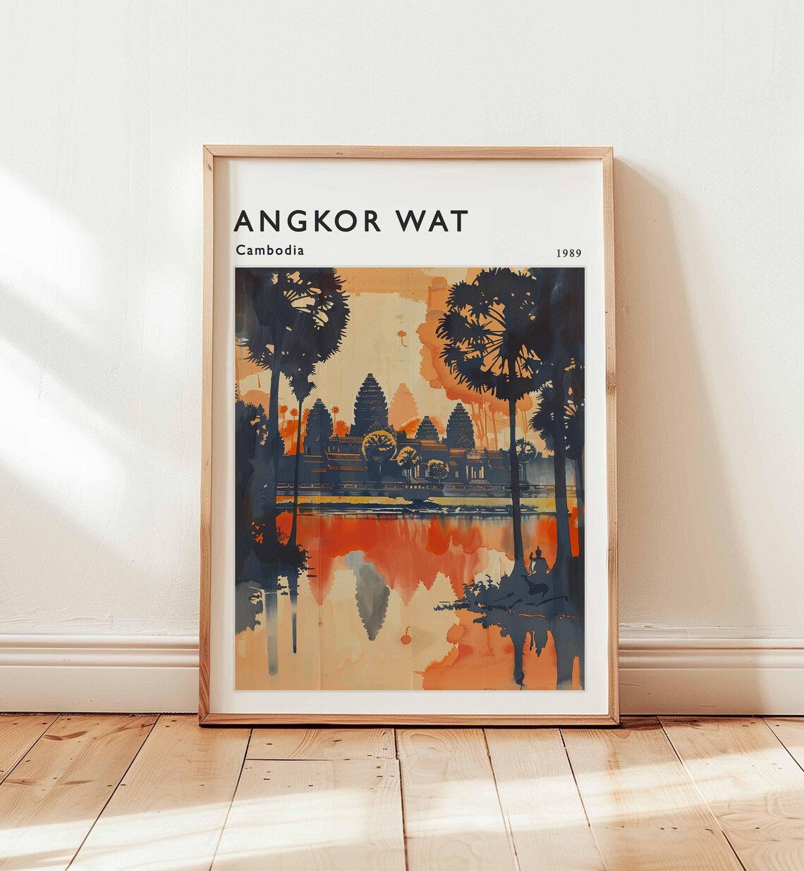 Angkor Wat Cambodia Sunset Silhouette Temple Watercolor Travel Poster