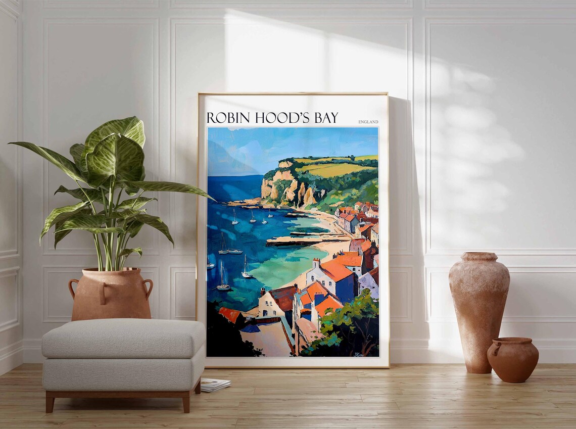 Robin Hood's Bay England Anchored Sailboats Rocky Cliffs Poster - Image 4