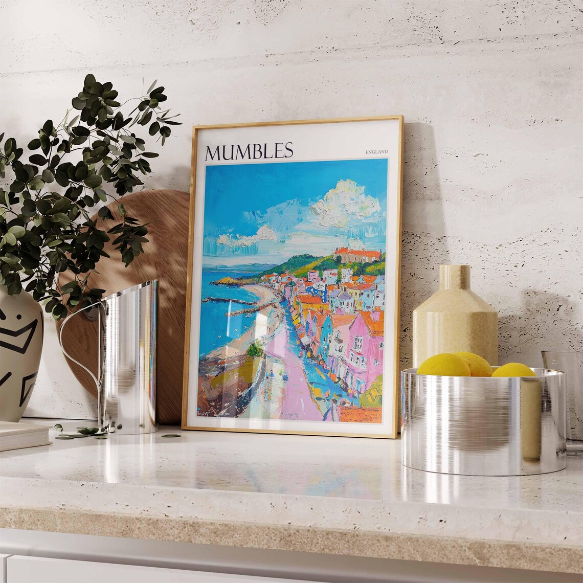Mumbles England Aerial Pastel Town Bay Hilltop Fort View Poster - Image 2