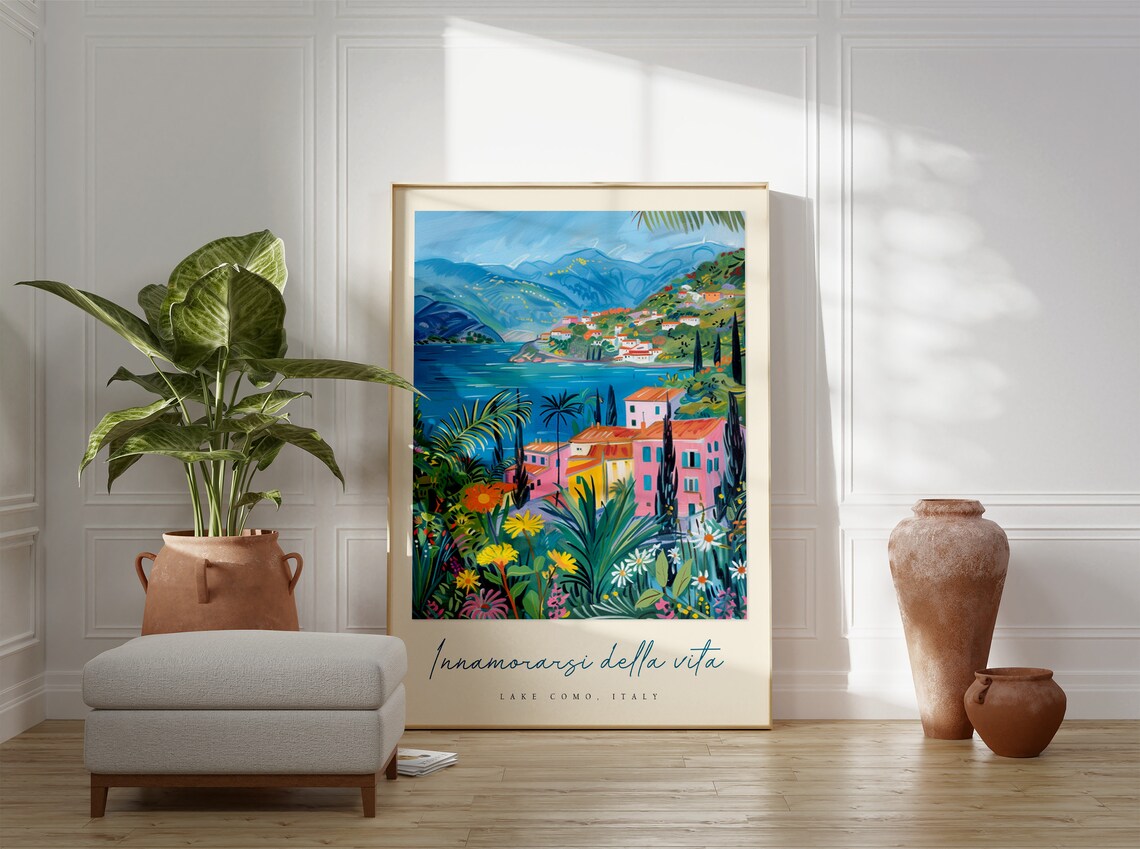 Lake Como Italy Lakeside Village Boats Flower Garden Painting Poster - Image 2