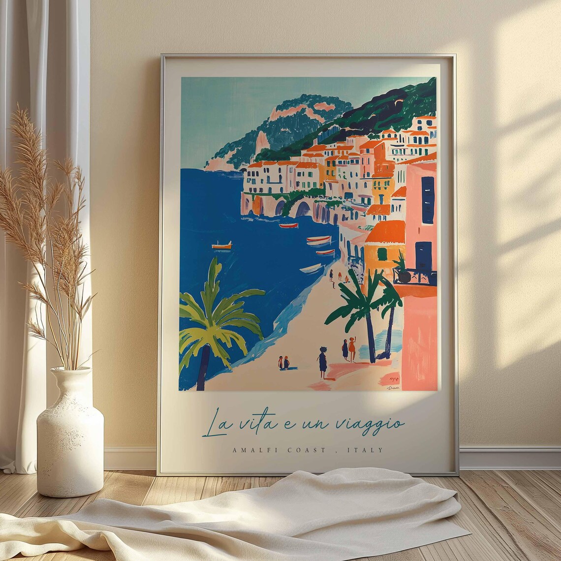 Amalfi Coast Italy Beach Palms Cliffside Village Boats Travel Poster - Image 2