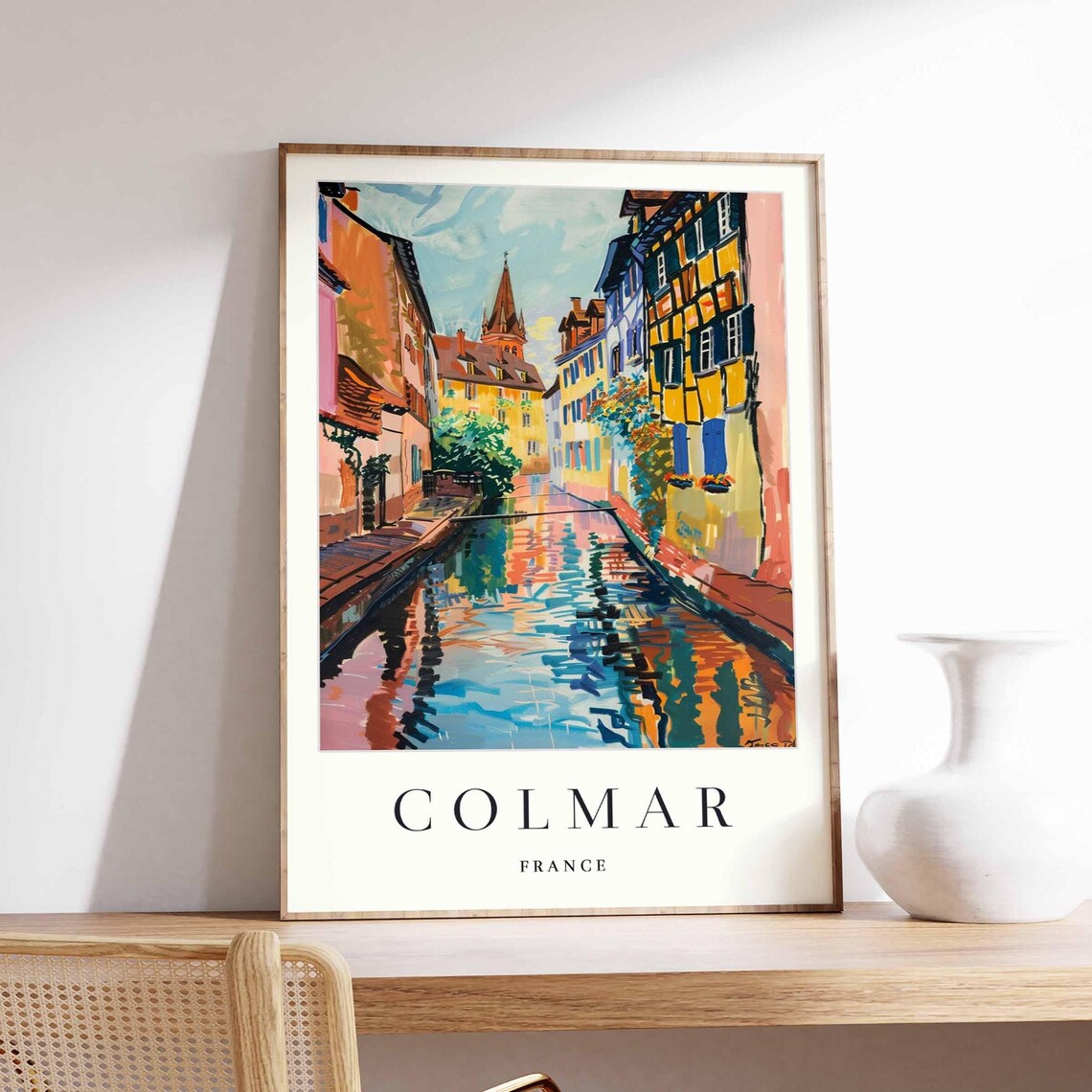 Colmar France Alsace Canal Church Tower Watercolor Travel Poster