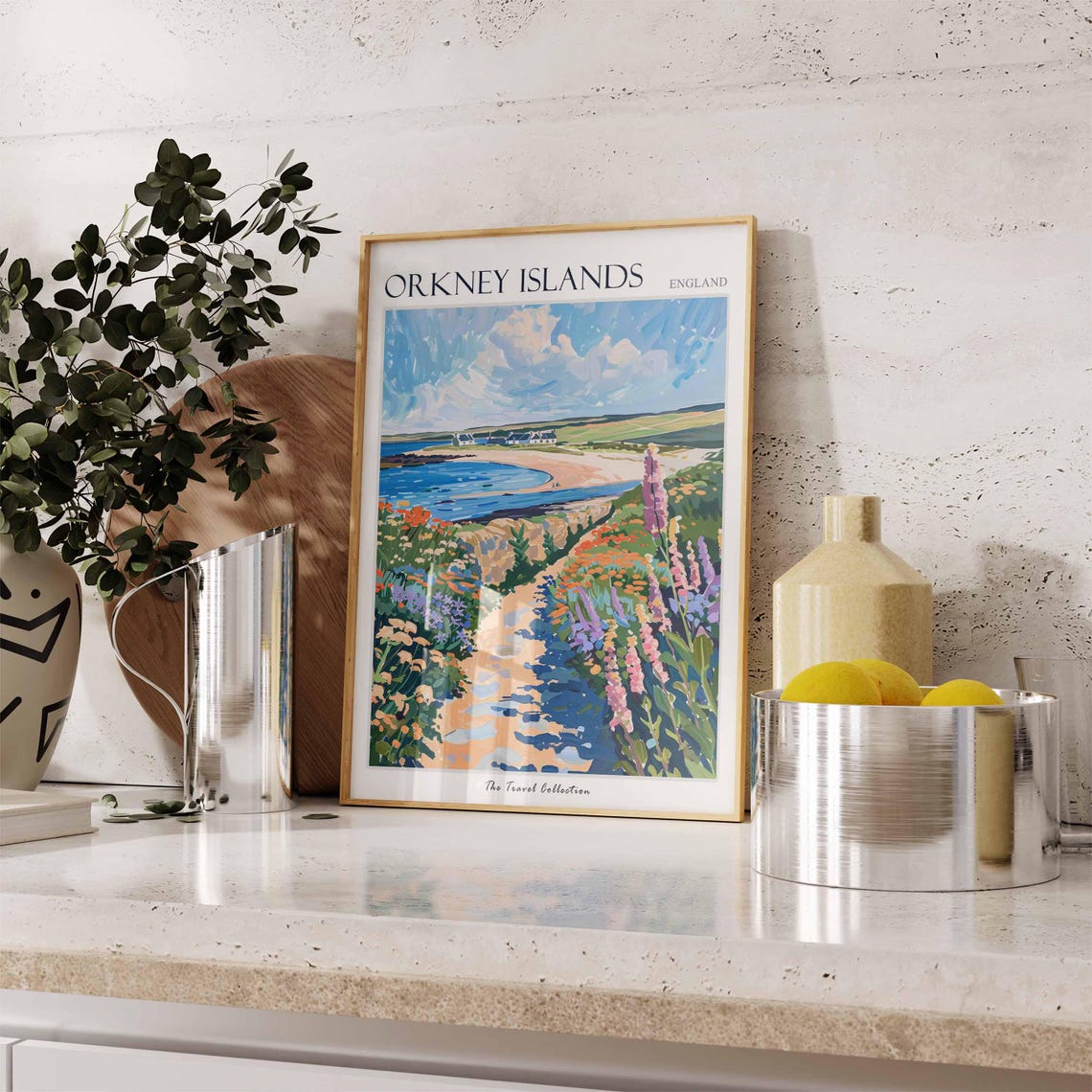 Orkney Islands Cottage Row Lupin Path Beach Scene Travel Poster - Image 3