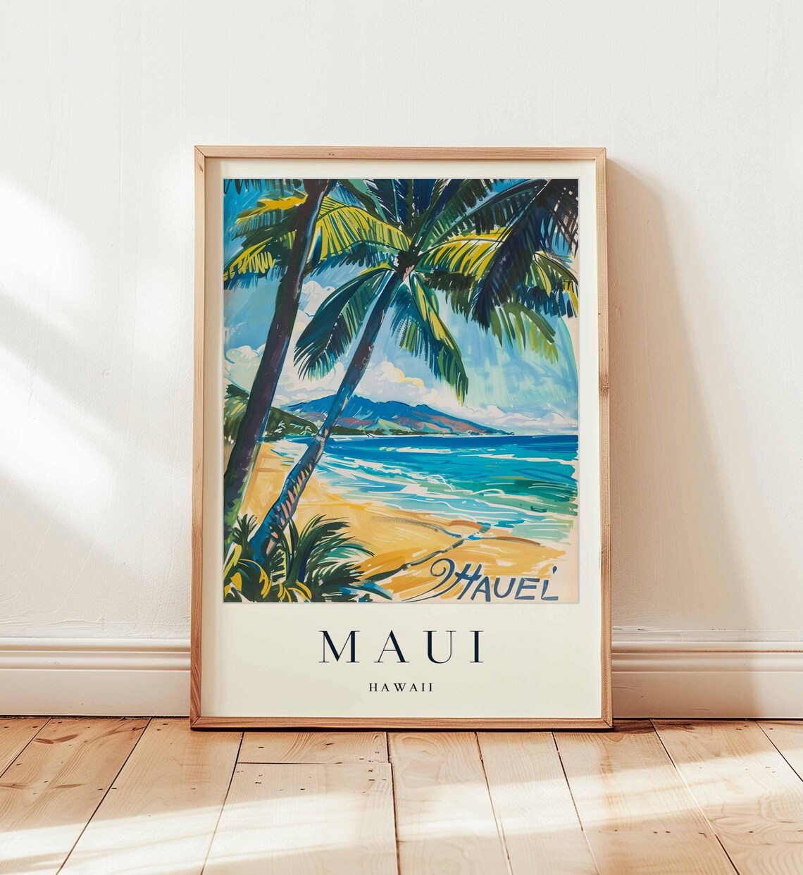 Maui Hawaii Tall Leaning Palm Trees Over Golden Beach Travel Poster