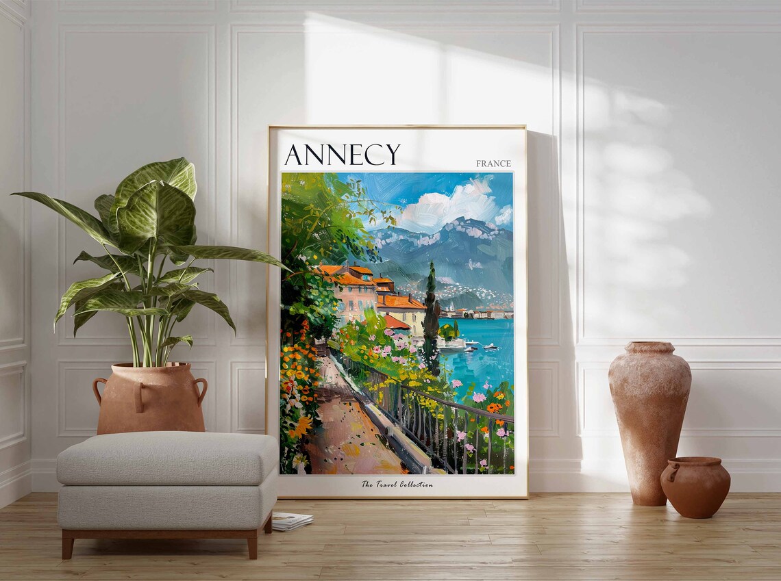 Annecy France Travel Poster Lakeside Flower Path Promenade Painting - Image 3