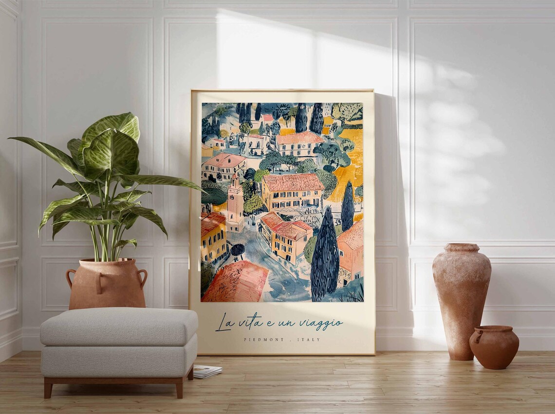 Piedmont Italy Village Rooftops Sketch Style Painting Travel Poster - Image 3
