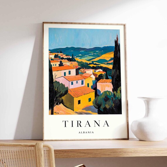 Tirana Albania Village Rooftops Poster with Cypresses and Hills Art