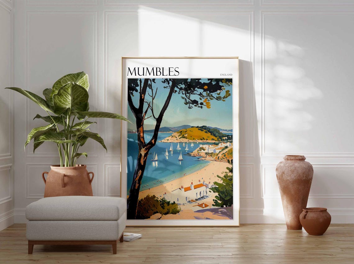Mumbles Tree Framed Sailboat Bay Beach England Travel Poster - Image 3