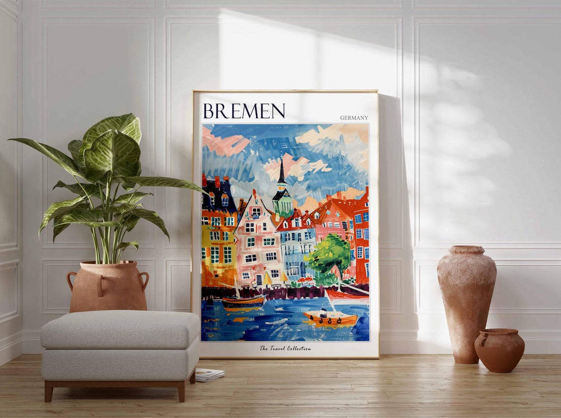 Bremen Germany Colorful Harbor Houses Waterfront Painting Poster - Image 2