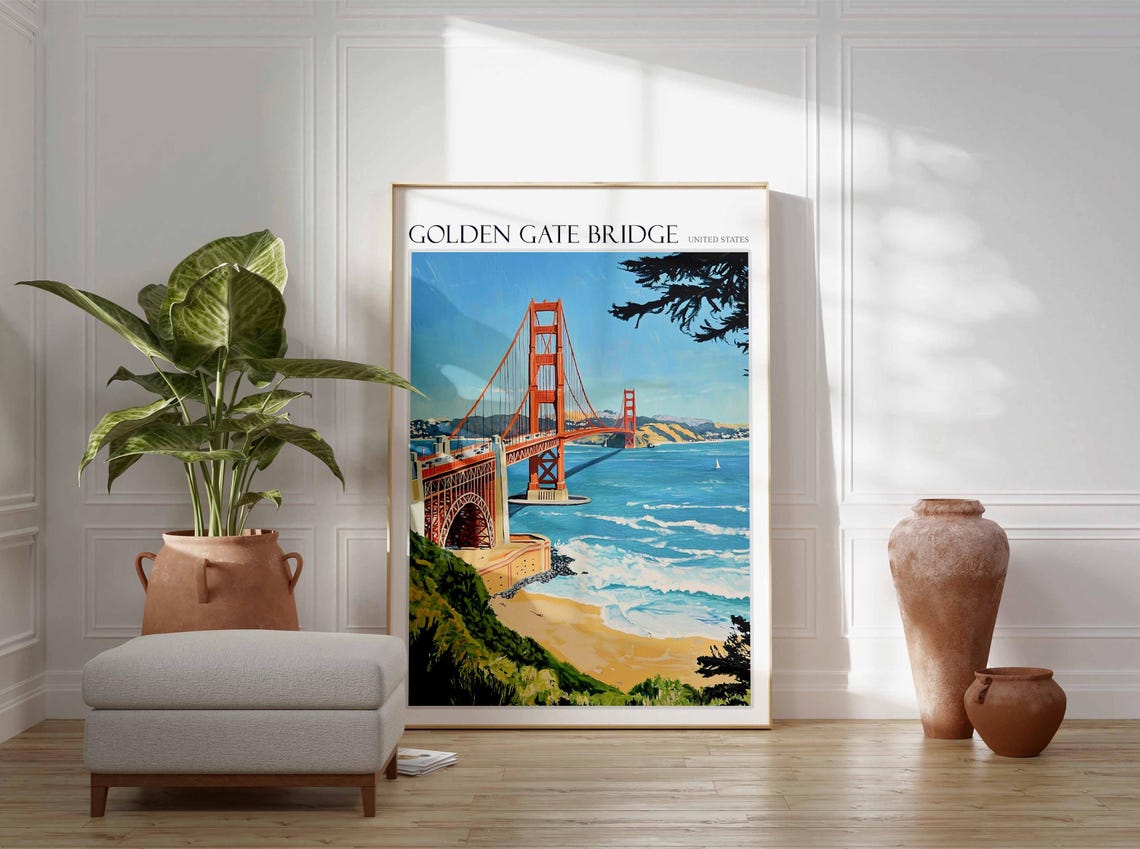 Golden Gate Bridge Beach Cliffs Pine Trees Coastal Art Poster - Image 2