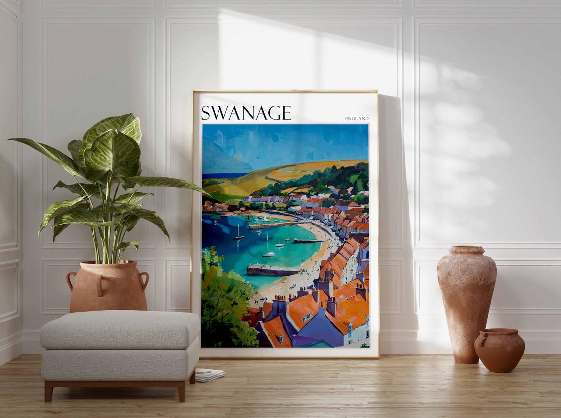 Swanage Harbor Boats Orange Rooftops Painterly Dorset Town Poster - Image 2