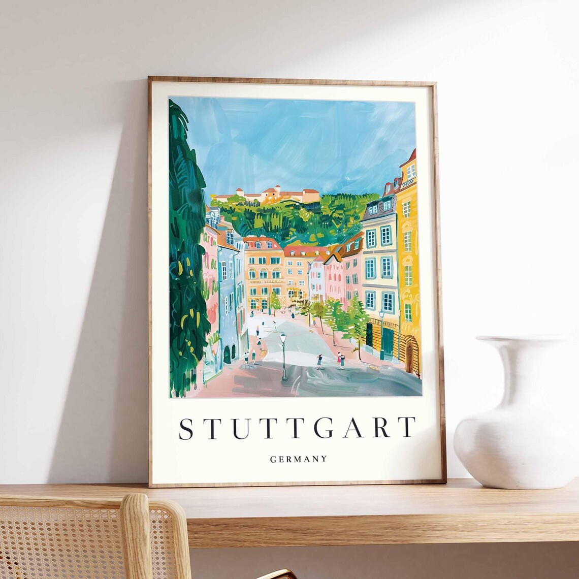 Stuttgart Germany Colorful Painted Old Town Street Scene Travel Poster
