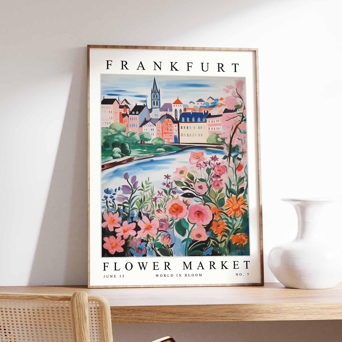Frankfurt Flower Market Riverside Spire Pink Blossom Field Poster