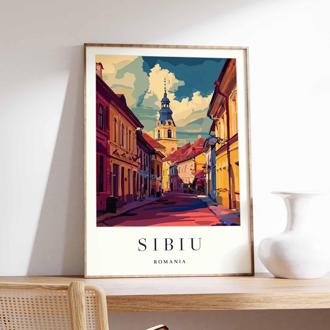 Sibiu Romania Council Tower Sunset Street Golden Hour Poster