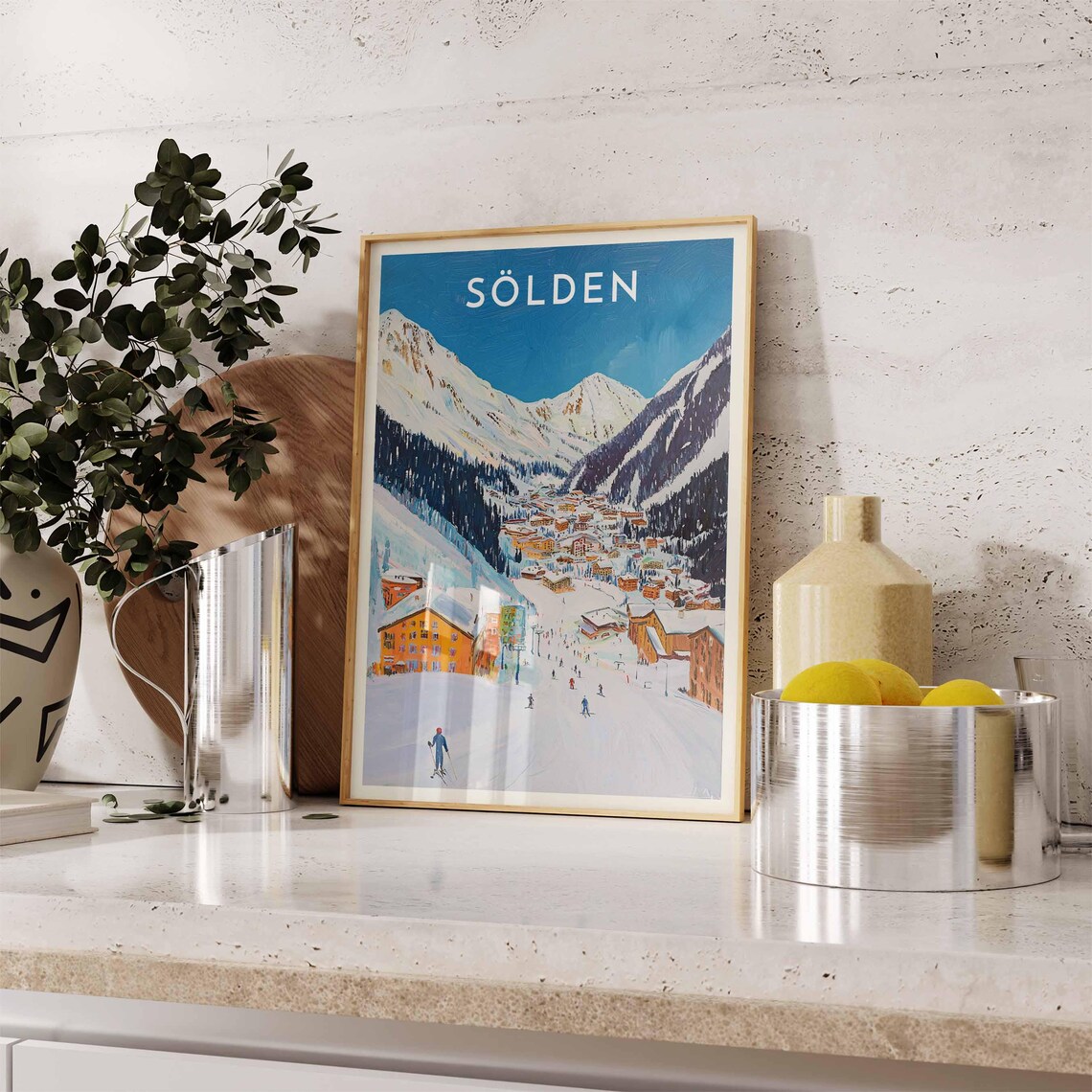 Sölden Austrian Ski Resort Village with Lone Skier Alpine Poster - Image 2