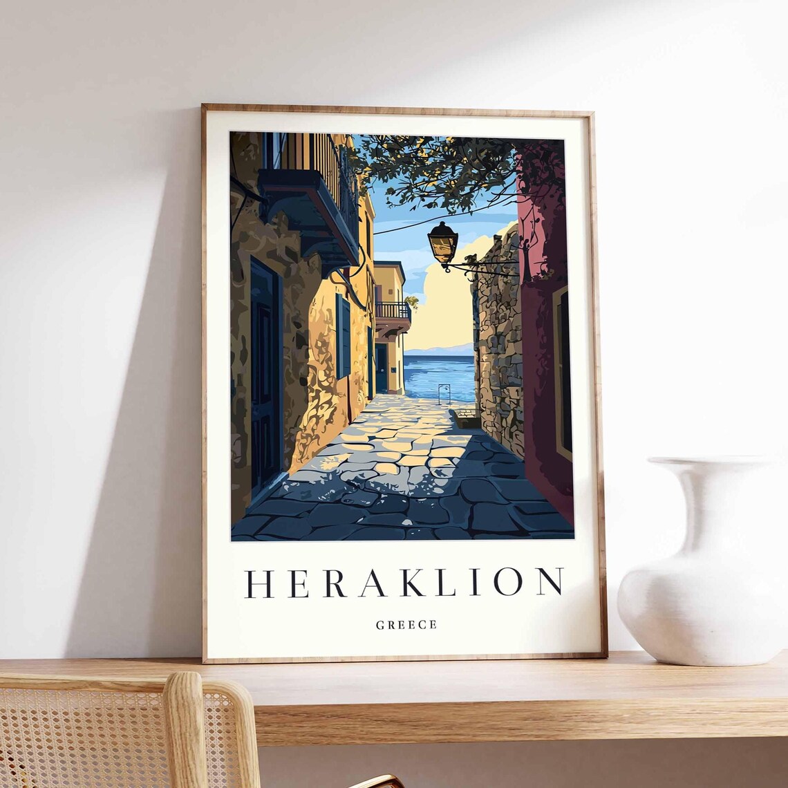 Heraklion Greece Travel Narrow Alley Lamp Sea View Old Town Poster