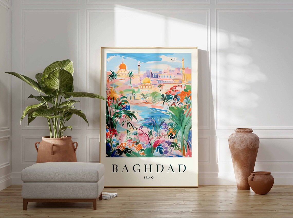 Baghdad Iraq Tropical Palm Garden Cityscape Colorful Art Poster - Image 3