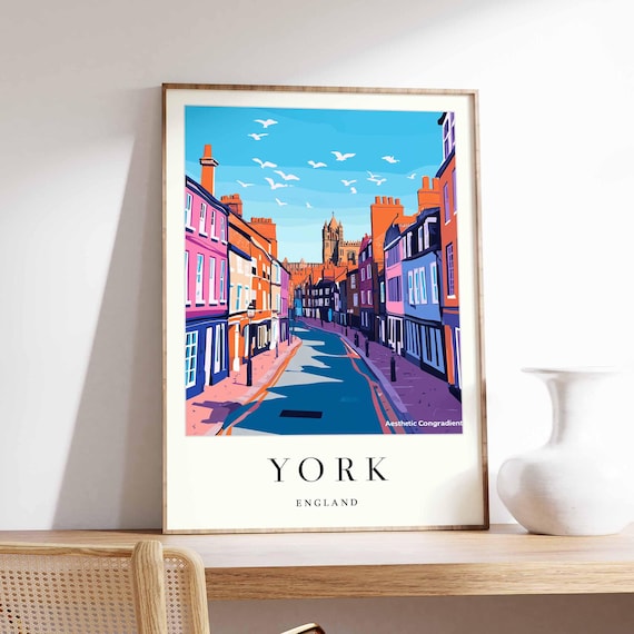 York England Colorful Street Seagulls Minster Tower Travel Poster