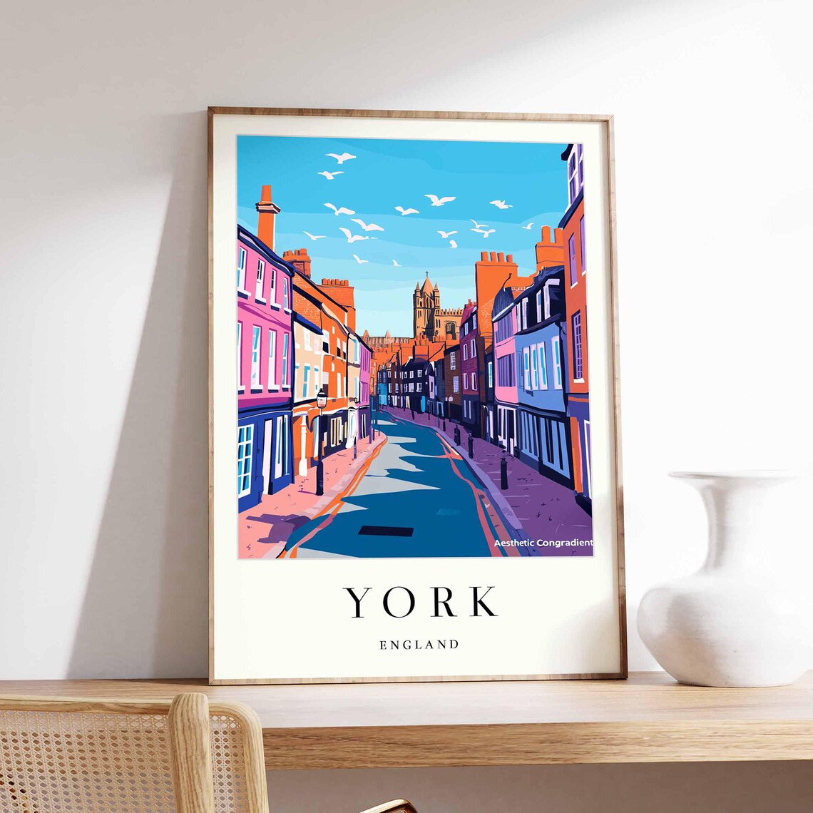 York England Colorful Street Seagulls Minster Tower Travel Poster