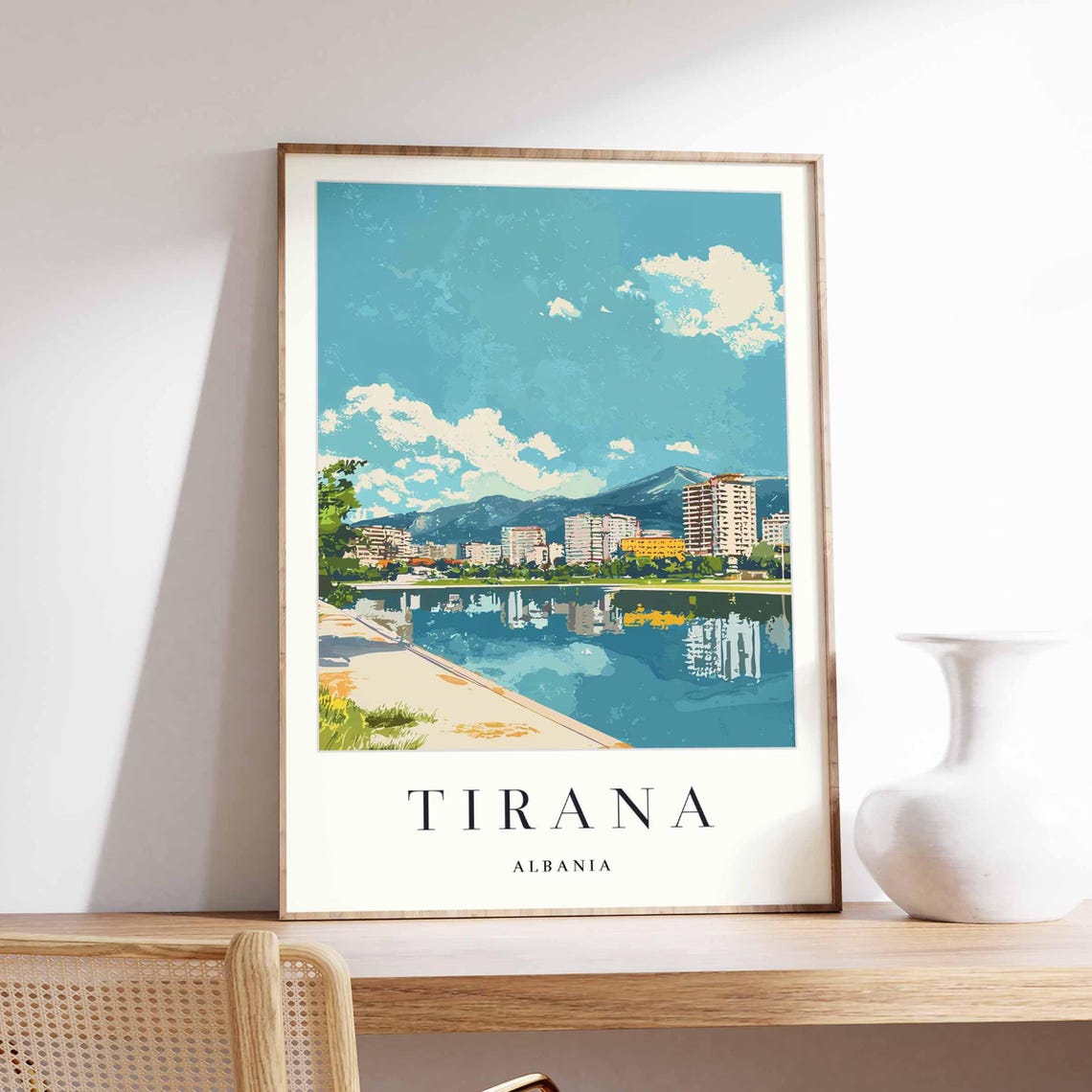 Tirana Albania Artificial Lake City Skyline Mountain View Poster