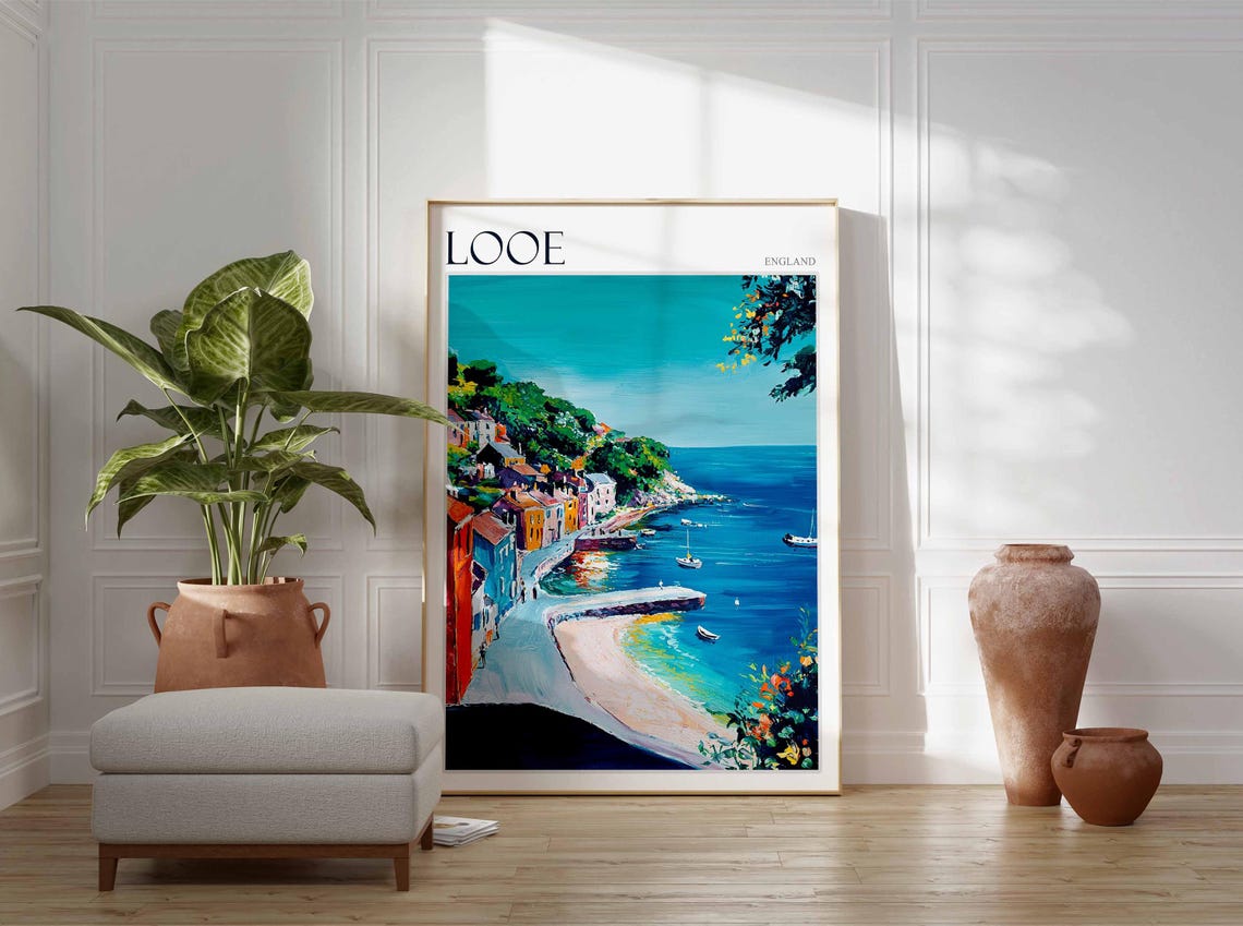Looe England Sandy Cove Beach Curve Boats Cliffs Coastal View Poster - Image 3