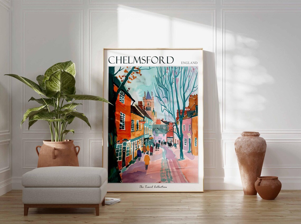 Chelmsford England Colorful Watercolor Street Scene Church Poster - Image 3