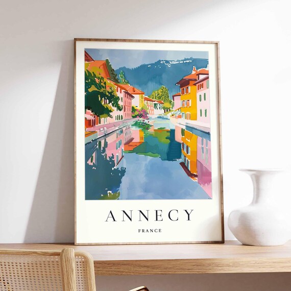 Annecy France Alpine Canal Town Pastel Watercolor Travel Poster