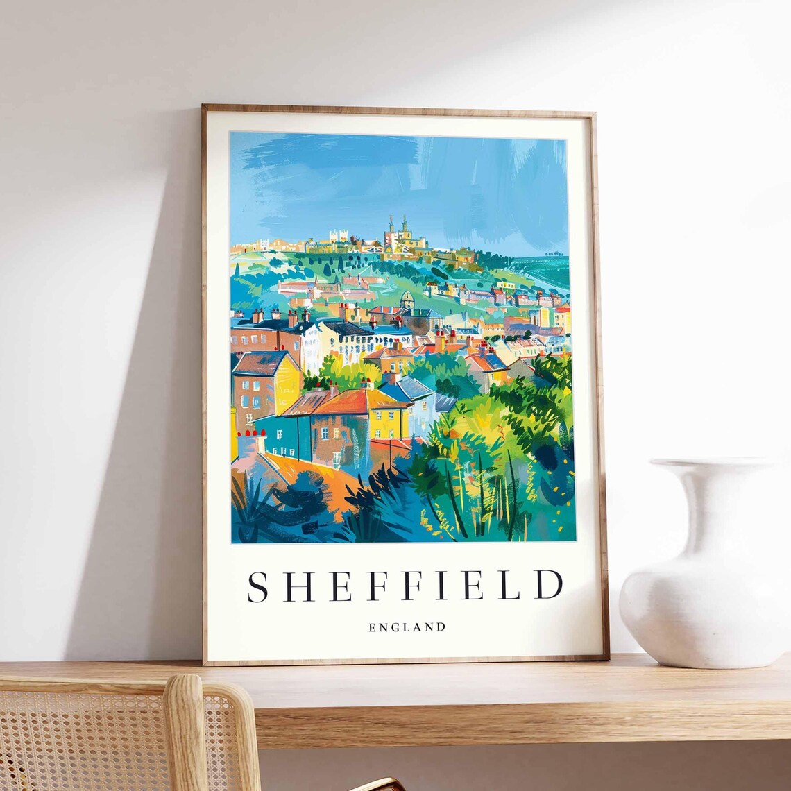 Sheffield England Winding Lane Through Blue Houses and Flowers Poster