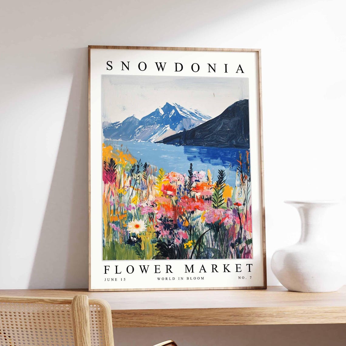 Snowdonia Flower Market Blue Lake Snow Peak Meadow Bloom Poster