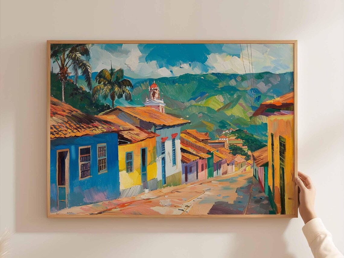 Colombia Colorful Hillside Street Church Palm Trees Mountain Town Poster