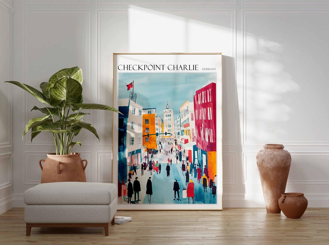 Checkpoint Charlie Berlin Crowded Street and Flags Painting Poster - Image 2