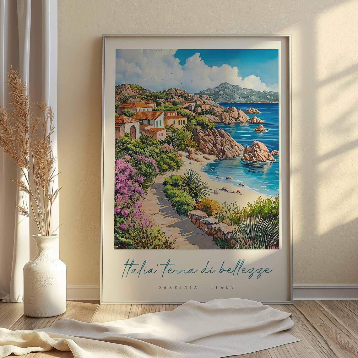 Sardinia Italy Village Path Sea Rocks Watercolor Travel Poster - Image 2