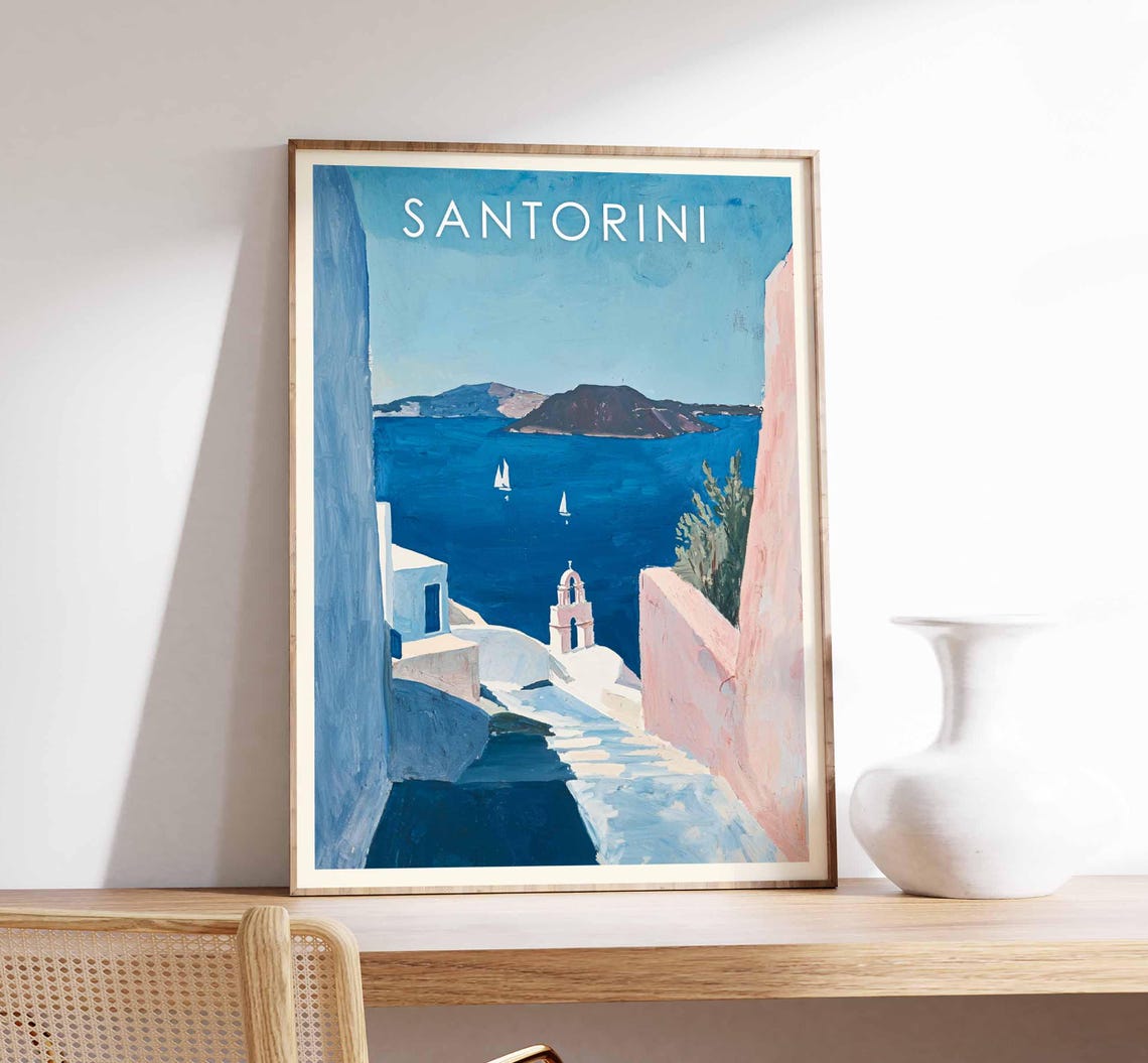 Santorini Greece Whitewashed Steps Aegean Sea Island Scene Poster