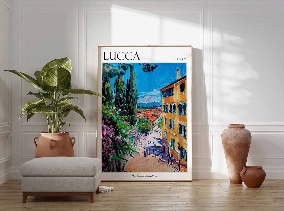 Lucca Italy Cypress Street Flowers Painted Tuscan Art Poster - Image 3