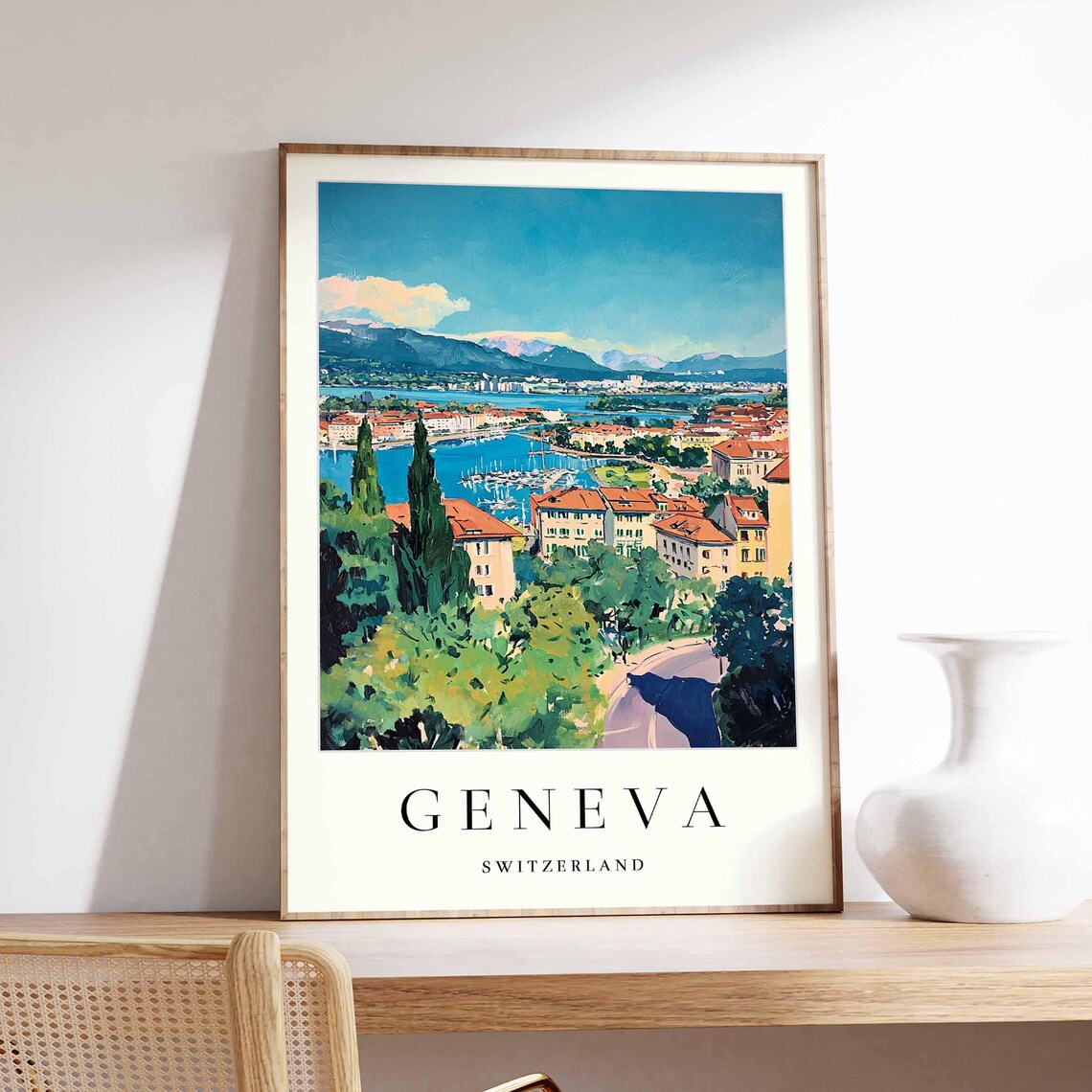 Geneva Switzerland Marina Cypress Harbour Mountain Travel Poster