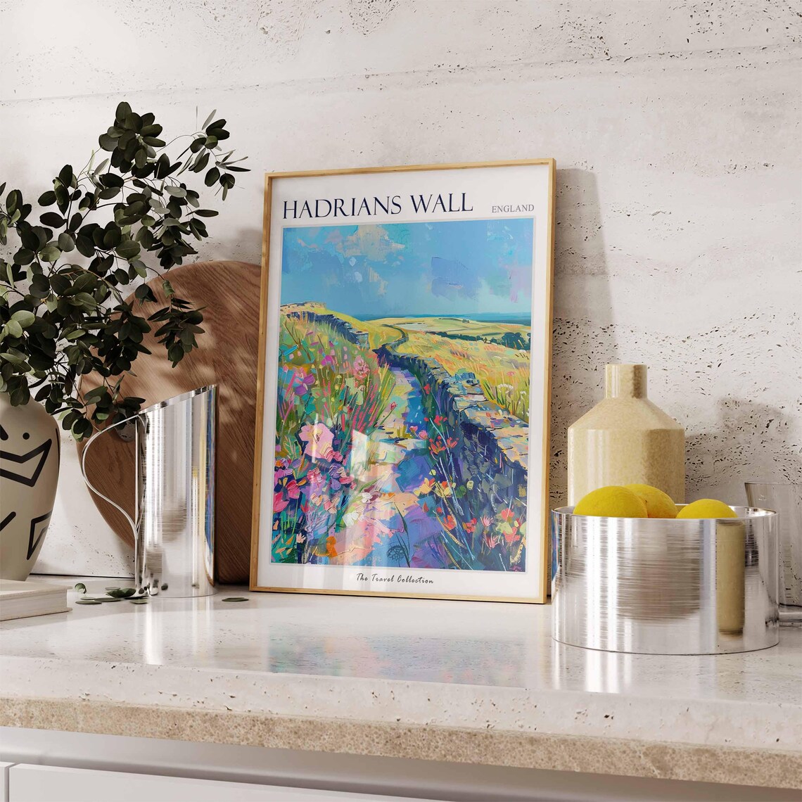 Hadrians Wall England Stone Wall Travel Poster Hills Wildflowers Art - Image 3
