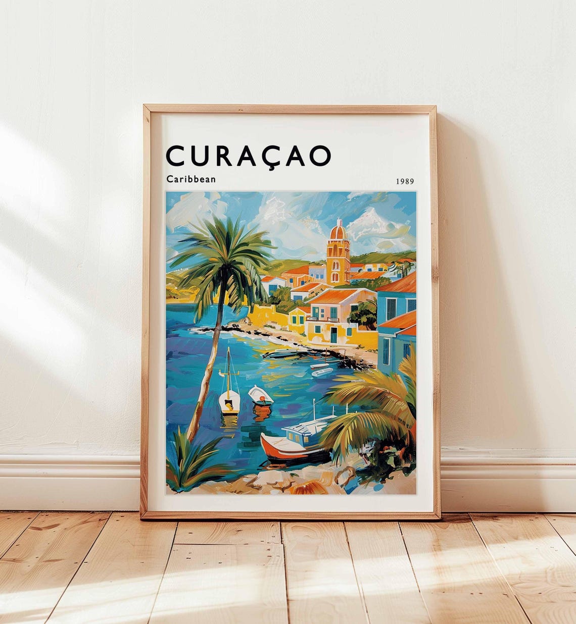 Curacao Caribbean 1989 Harbor Boats Church Tower Travel Poster