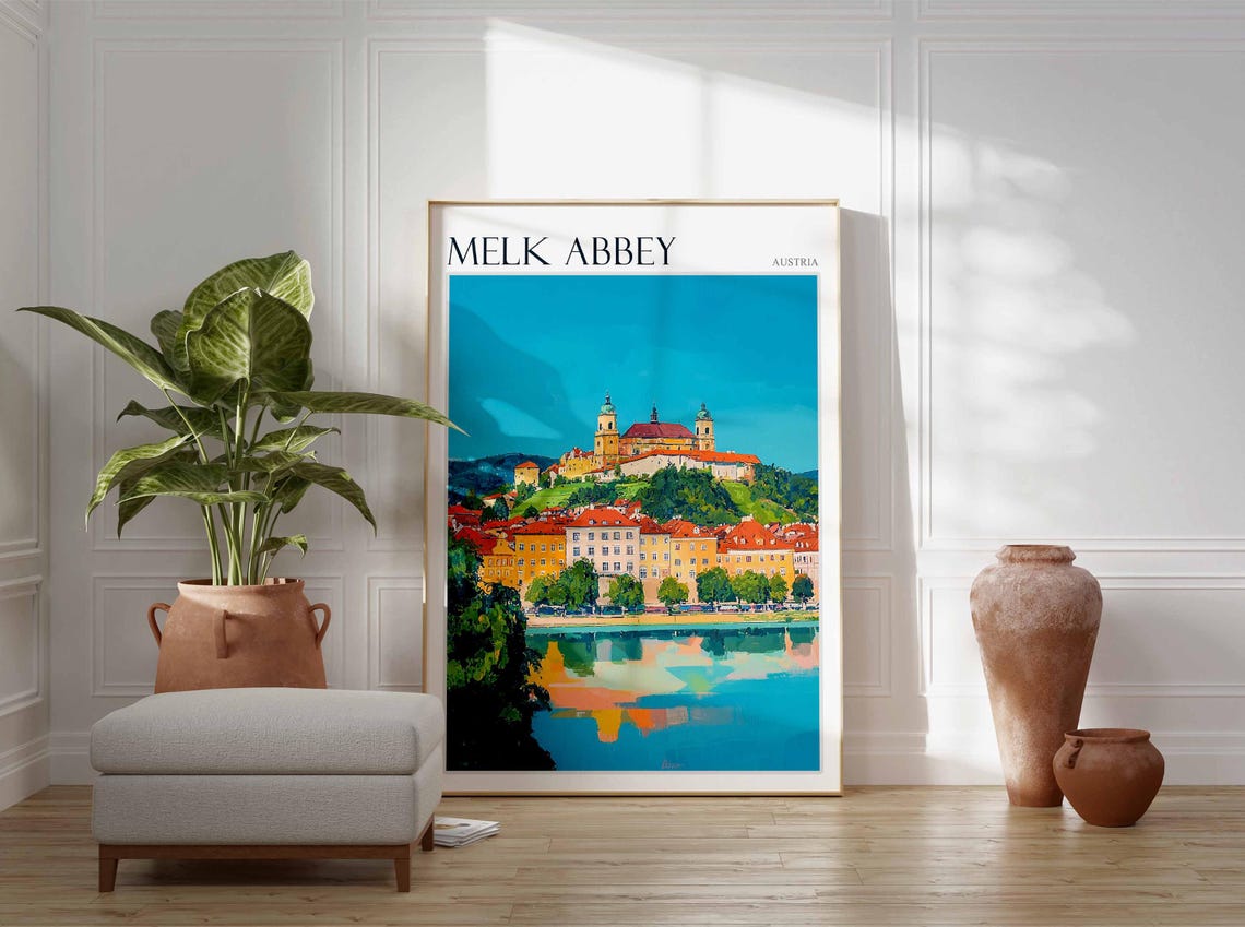 Melk Abbey Austria Distant View with River Reflection Travel Poster - Image 3