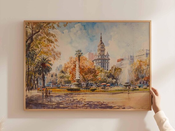 Buenos Aires Autumn Plaza Watercolor Park Cityscape Art Poster